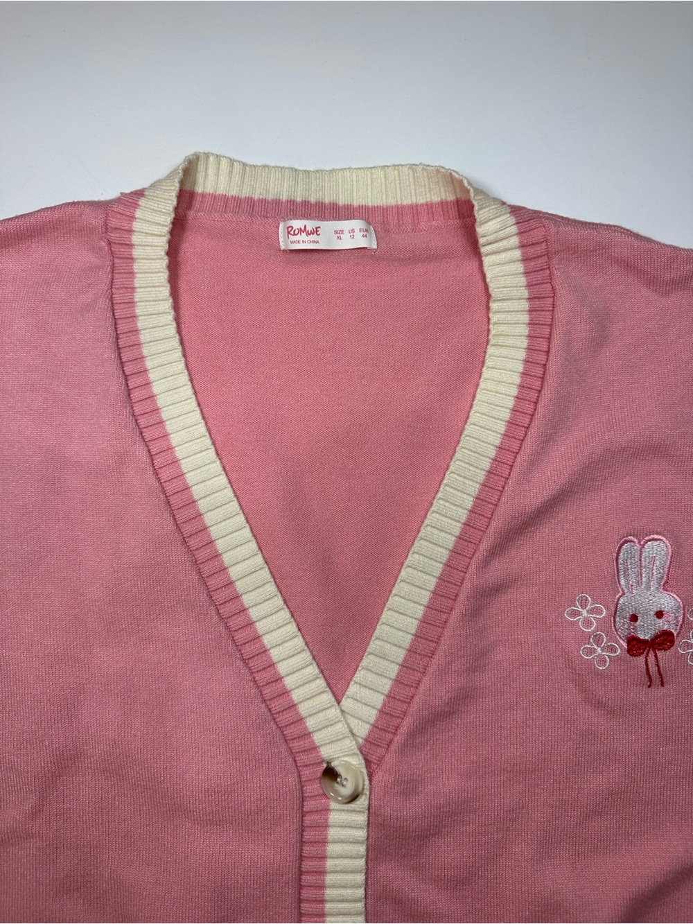 ROMWE Pink Bunny Embroidered Cardigan XL Coquette Kawaii Balletcore Sweater Chic - Picture 6 of 12